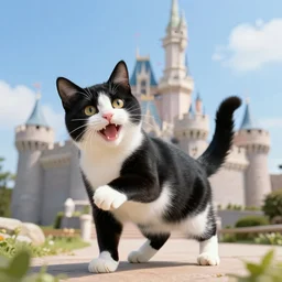 happy black and white cat frolicking in a castle, realistic, digital art