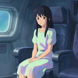 beautiful young Himalayan woman, sitting in personal quarters of spaceship, sad, futuristic, somber, iridescent dress, by Makoto Shinkai and Wojtek Fus, by studio trigger, rossdraws, ambient occlusion, clean lineart and color, vibrant