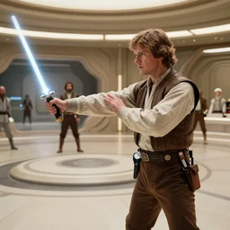 Luke Skywalker teaches Leia the force at Jedi Temple scene from the last jedi, 2022, film by Stanley Kubrick, serene, iconic scene, stunning cinematography, hyper detailed, sharp, anamorphic lenses, kodak color film