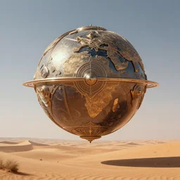 Distant colossal ornate futuristic metal globe hovering over an epic desert scenery, artstation, cgsociety, 8k