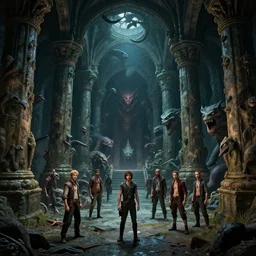 360 photo of fantasy dungeon with hidden monsters behind the pilars, Les Edwards, Zdzislaw Beksinski, Carl Gustav Carus, John Harris, Michal Karcz, Zhang Kechun, Mikko Lagerstedt, Scott Listfield, Steven Outram, Jessica Rossier.