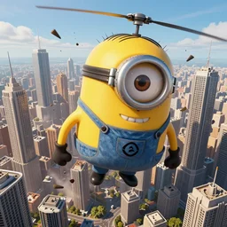 huge giant yellow minion, destroying megapolis with skyscrapers and creating chaos, helicopter view, bold natural colors, national geographic, hd, wide angle, 8 k, perfect composition, golden ratio, beautiful detailed, photorealistic, smooth, sharp focus, octane render, unreal engine
