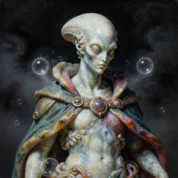 a baroque neoclassicist close - up portrait of a sc - fi marble statue of a colorful lovecraftian alien wearing a cloak surrounded by glowing bubbles. iridescent and reflective. foggy black background with dark puffy clouds. highly detailed science fiction painting by norman rockwell, frank frazetta, syd mead and moebius. rich colors, high contrast, gloomy atmosphere, dark background. trending on artstation.