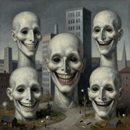 highly detailed dystopian surreal painting of eerie grinning head statues and buildings by zdzisław beksinski