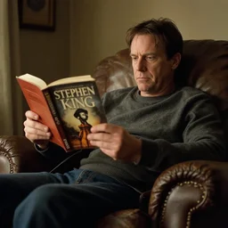a man sitting in a recliner reading the gunslinger by stephen king