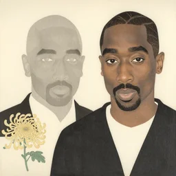 a stylized minimalist portrait of tupac and a chrysanthemum. shin hanga and kawanabe kyosai and cory loftis and rossdraws and wlop