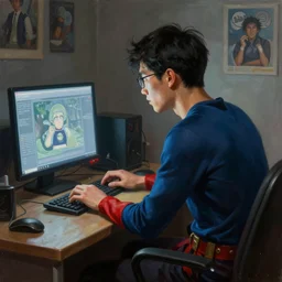 an insanely detailed painting of a nerdy asian man wearing a superhero costume, sitting at a desk, staring at the nervously at the computer and typing, in the style of peter mohrbacher, dramatic lighting and composition, surreal background, octane render, pixar, trending on artstation, concept art, comic book, view from behind