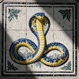 blue and yellow snake on a black and white tile, a mosaic by william morris, behance, cobra, creative commons attribution, sketchfab, artwork