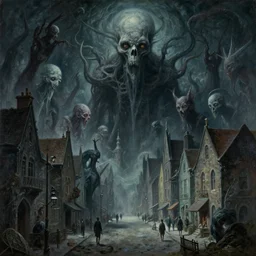 painting of town inhabited by eldritch entities beyond human comprehension, Zdzislaw Beksinski, Lewis Jones, Wayne Barlowe, street view, gothic, lovecraftian, cosmic horror, grotesque, cold hue's