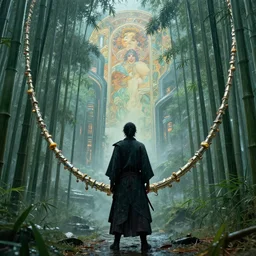 yasuo the ancient swordsman gazing upon the world he has created while its raining in a bamboo forest, futuristic sci fi landscape background by denis villeneuve, monia merlo, yves tanguy, ernst haeckel, alphonse mucha, max ernst, caravaggio, roger dean, sci fi necklace, masterpiece