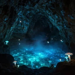 a beautiful bioluminescent pool in a dark cave full of glowing mushrooms, tiny faeries, atmospheric fog. masterpiece, stunning, panavison