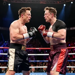 a boxing match between Elon Musk and Jeff Bezos, wma, event, crowd, cinematic lightning, realistic photography, 8k