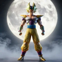 photorealistic full shot of Broly at moonlight, by Akira Toriyama, high detail, unreal engine 4k volumetric light, fog,