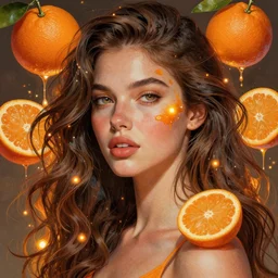 abstract!!, portrait of a beautiful woman!! with oranges, glowing lights!! detailed illustration, digital art, overdetailed art, concept art, highly saturated colors, detailed illustration, hd, 4 k, digital art, cgsociety and beeple highly detailed, cinematic lighting, illustration, art, very coherent. high detail, dan mumford, greg, rutkowski, trending on artstation