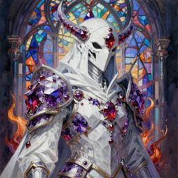 breathtaking detailed painting of a white grim reaper with a big headpiece, by ayami kojima, ruan jia and brom, armor made of ruby and amethyst, pale twilight stained glass, amalgamation of embers, 8 k, concept art, matte, sharp focus, rembrandt style