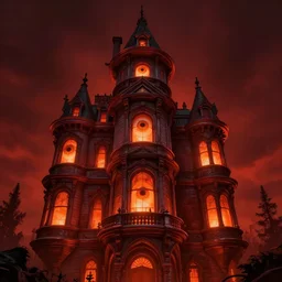A Towering Victorian House of The Void with big orange eyeballs staring out from the windows, Red and Orange colored, Lovecraftian, 4k, masterpiece, cinematic, glowing, by Greg Rutkowski, Trending on Artstation, Behance. Polished, Volumetric Lighting