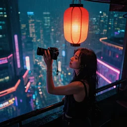 cyberpunk city at night, night clubs and neons, rain, camera high, girl under lantern, by Sean Foley