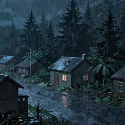 heavy rain suburban cold dark night, a lone small house in forest, studio ghibli, pixar and disney animation, science fiction, cyberpunk, sharp, disney concept art watercolor illustration by mandy jurgens and alphonse mucha, dynamic lighting