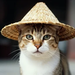 A closeup film photography of a cat wearing vietnamese straw hat, photo bySlim Aarons, award winning, 4K