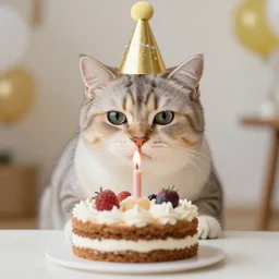 photo of a cat celebrating his birthday with a cake. highly - detailed, sharp focus, award - winning