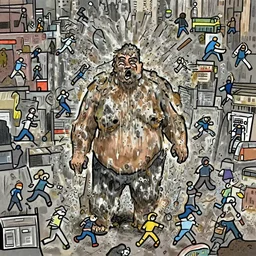 [ 1 6 k ] a ginourmous fat behemoth putrid rotting smelly man stomping over new york city. terrorist attack. people running for their lives