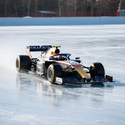 an f1 car drifting across a frozen ice lake