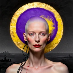 Woman masterpiece, Tilda Swinton, bald, multiple purple halos, blood dripping down the head, yellow, golden halo behind her head, wires everywhere, by Edgar Maxence and Ross Tran, Zdzisław Beksiński, and Michael Whelan, distant, gustav dore, H.R. Giger, 8k, octane render