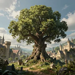 a massive tree in the center of the frame with a fantasy medieval town around it. life is based off this tree and revolves around it, high detail, concept art, beautiful