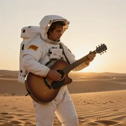 movie still of an astronaut playing guitar in the desert during sunset, golden hour