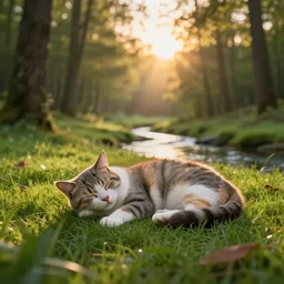 a cute cat sleeping on the grass in a forest near a small river at sunset, godrays, complementary colors, warm lighting, raytracing, highly detailed, high quality, 4k HDR, concept art, octane render, unreal engine 5, high coherence, calm, relaxing, beautiful landscape, serene