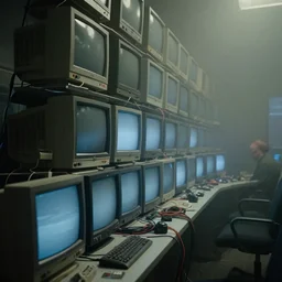 terry gilliam movie shot, a wall of old crt computer monitors and cables, nasa control room, highly detailed, moody, atmospheric, heavy fog, telephoto lens, trending on artstation