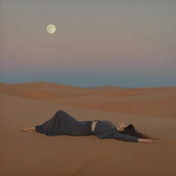 a figurative painting of a woman lying on the ground in the desert, staring up at the moon at dusk using muted colors