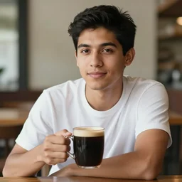 portrait of a ( ( ( una taza de cafe grande y black ) ) ), ( ( guapo joven caliente colombiano mulato pelo buzzed ) ), nubes y magia, el sol, concept character, by greg rutowski and mucha and bierstadt and remington, trending on artstation