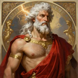 painted portrait of rugged zeus, god of thunder, greek god, white hair, masculine, mature, handsome, upper body, red and gold, linen, muscular, hairy torso, fantasy, intricate, elegant, highly detailed, digital painting, artstation, concept art, smooth, sharp focus, illustration, art by gaston bussiere and alphonse mucha