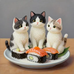 clear surrealist painting of adorable cats made from sushi rice, sitting on sushi plates with garnish
