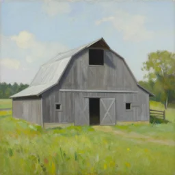 a painting of an empty barn in summer, by peteris kalve, oil on canvas