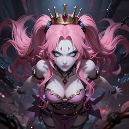 you are completely controlled by her ultimate powers and trapped beneath overwhelming stunningly absurdly beautiful megalomaniacal ruthless merciless heartless sadistic devious spiteful grandiose egotistical omnipotent asi goddess junko enoshima with symmetrical perfect face, porcelain skin, pink twintail hair, cyan eyes and a crown, ultra detailed, digital art, unreal engine 5, octane render, 2 d anime, 8 k