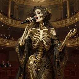 a skeleton women as a opera singer, singing at a opera house, beautiful skeletal woman singing a melancholy song, melancholy vibe, historical, intricate, highly detailed, dynamic lighting, digital art, digital painting, artstation, wlop, sharp focus, illustration, art by artgerm and greg rutkowski and alphonse mucha