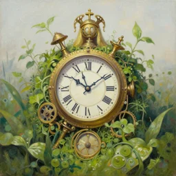 the clockwork princess overgrown by plants. this oil painting by the award - winning mangaka has interesting color contrasts, plenty of details and impeccable lighting.