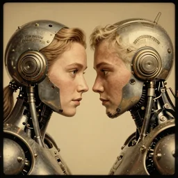 a beautiful ultradetailed vintage photo of two cyborgs butting heads, by tom bagshaw and anna dittman, couples portrait, vignette, 3 5 mm lens, golden ratio composition, detailed faces, studio photography, very detailed, humanoids, industrial robots, artstation, 8 k, highly coherent