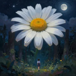 giant daisy flower over head, girl walking in spirit forest, surreal photography, dark night, stars, moon light, impressionist painting, clouds, digital painting, artstation, simon stalenhag