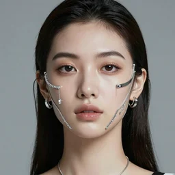 portrait of a beautiful futuristic woman layered with high-tech jewelry wrapping around her face and head