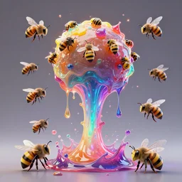 jelly rococo gel beehive leaking plasma and colorful auras, liquid, drippy, splashing, scifi 3 d paint spray by beeple, rob gonsalves, jeff koons, jacek yerka, m. c. escher. bees