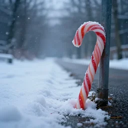 a large colorful candy cane is sticking out the ground on the side of a serene foot path. there are some snow drifts laying against the candy. there are snow flurries in the air. epic, awe inspiring, dramatic lighting, cinematic, extremely high detail, photorealistic, cinematic lighting, trending on artstation cgsociety rendered in unreal engine, 4 k, hq,