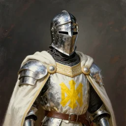 man in crusader armor, helmet and white cape with yellow kingdom of jerusalem emblem on it drawn by greg rutkowski realistic high detail