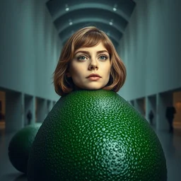 emma watson's head on top of a huge avocado inside a modern museum under spotlight, taken on pentax k 1 0 0 0, ray tracing, professional photomanipulation, fully detailed, dalle 2 style