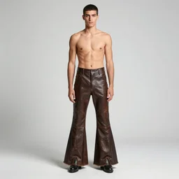 an award - winning photo of an ancient male model wearing a plain boot cut flared distressed medieval designer menswear leather trousers designed by alexander mcqueen, 4 k, studio lighting, wide angle lens, 2 0 0 4