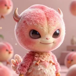 an alien with a face that looks like a fuzzy peach the peach is fuzzy pink warm and ripe the alien has horns and a mean smile the alien has bedroom eyes with chicken feet cruel smile, 4k, highly detailed, high quality, amazing, high particle effects, glowing, majestic, soft lighting, detailed background, happy tones, sharp background