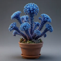a photograph of a blue fantasy sci fi hybrid mutant monster poisonous flora plant in a pot, hyper realism, octane render, 8 k, hyper detailed, vivid, ultra detailed, highly detailed