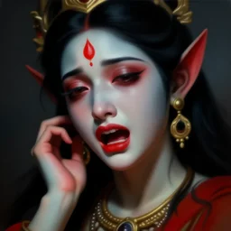A cinematic crying closeup portrait of the Hindu demon goddess of grief despair and sorrow, by Syd Mead, by Paul Lehr, by Wayne Barlowe, by Bruce Pennington, by Zdzisław Beksiński, oil on canvas, masterpiece, trending on artstation, featured on pixiv, cinematic composition, astrophotography, dramatic pose, beautiful lighting, sharp, details, details, details, hyper-detailed, no frames, 8K